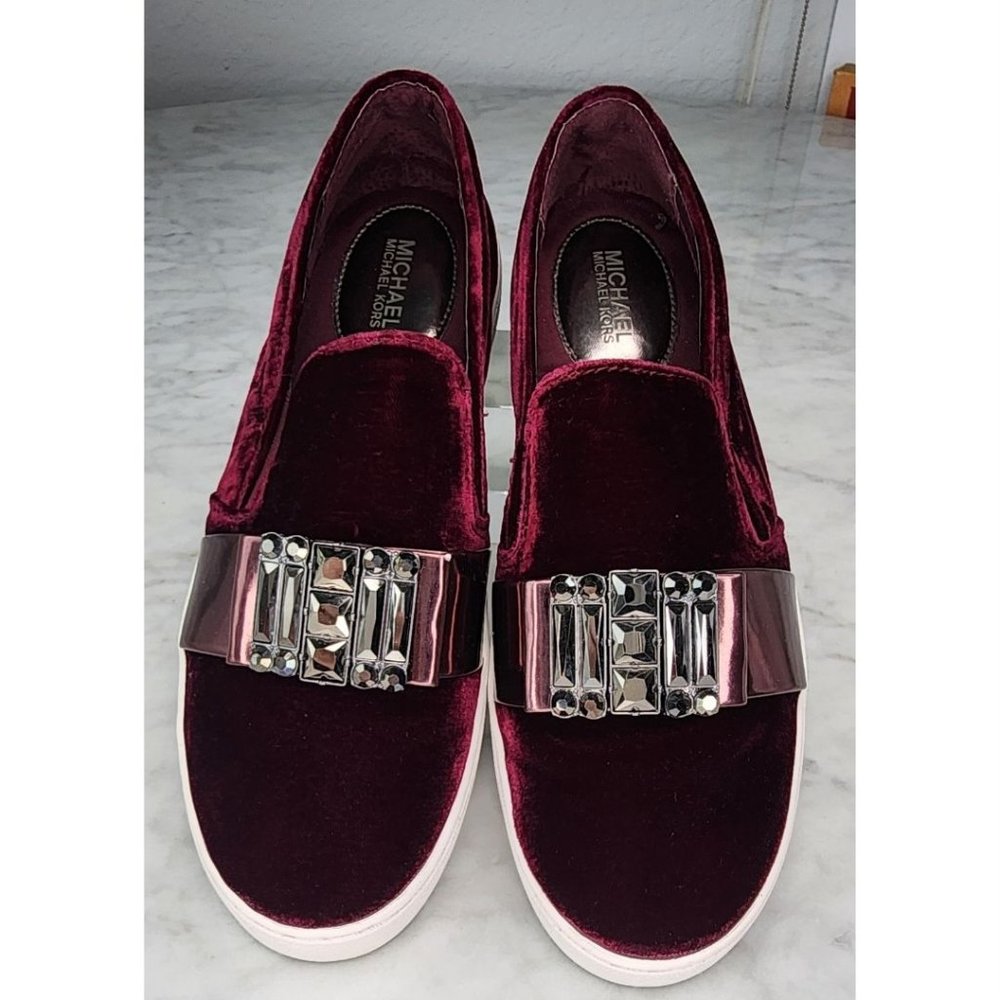 MK Michael Kors Burgundy Michelle Slip-On Shoes Jeweled Velvet Sneakers 9.5 NEW!